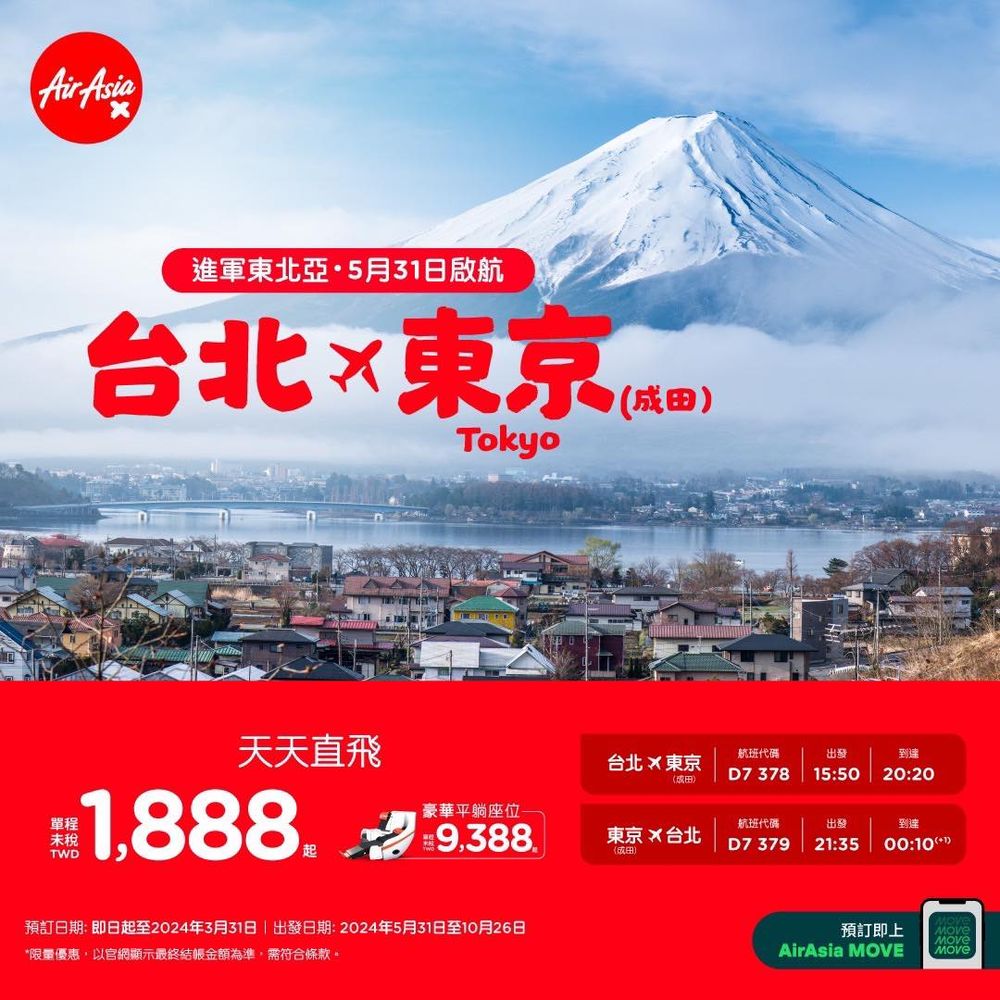 台北飛東京機票來回6,000元有找！AirAsia開賣日本三大航線超狂優惠價格、時間一次看！-5