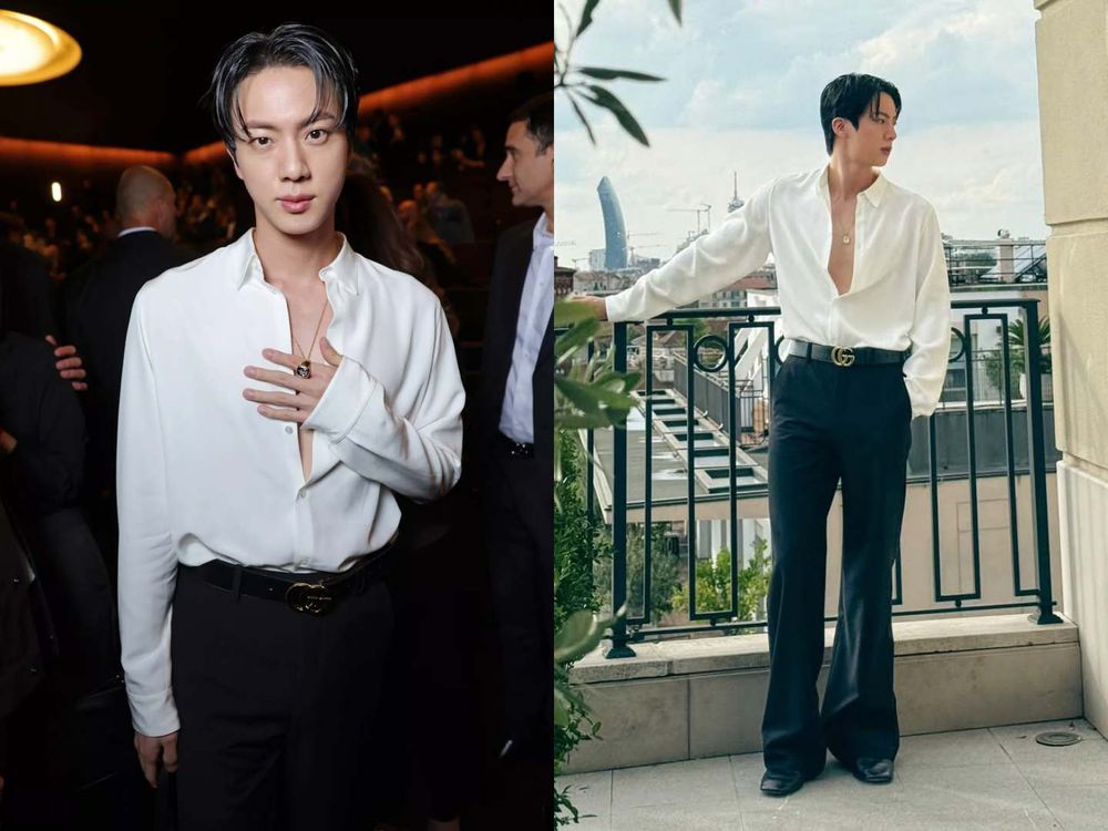 GUCCI秀場霸總來了！金碩珍Jin「深V白襯衫」辣到爆，害羞到悄悄扣衣反差超可愛！-2