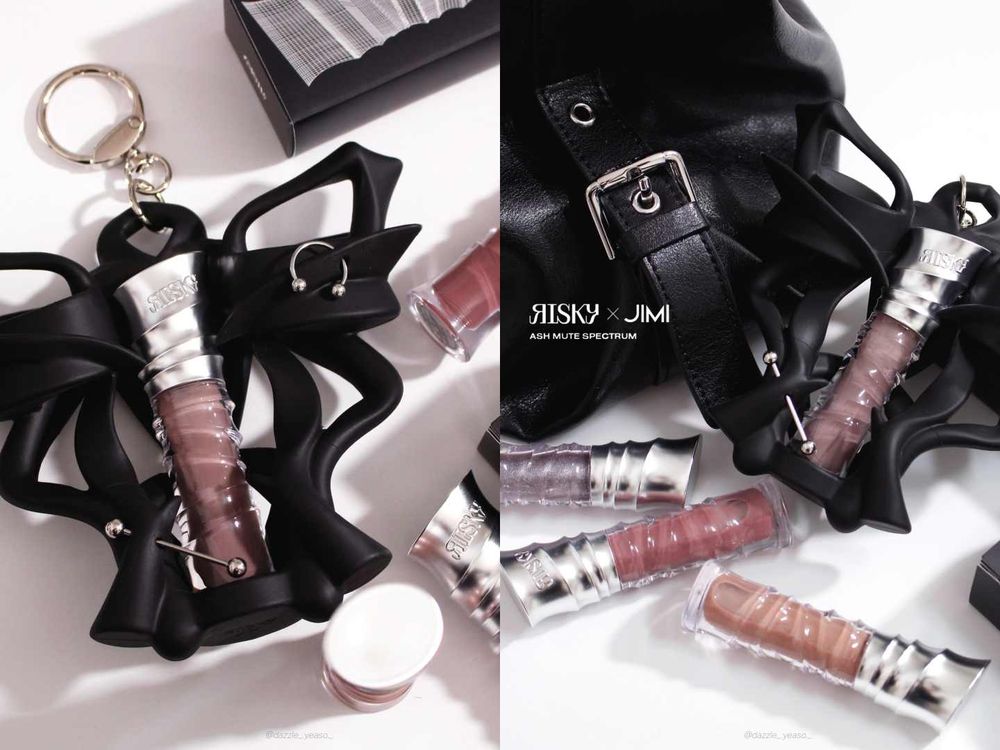 灰色控要衝了！韓國最潮美妝品牌Risky x JIMI夢幻跨界聯名，低彩度灰感唇蜜誰擦誰高級，蝴蝶結唇彩吊飾、太美！-3