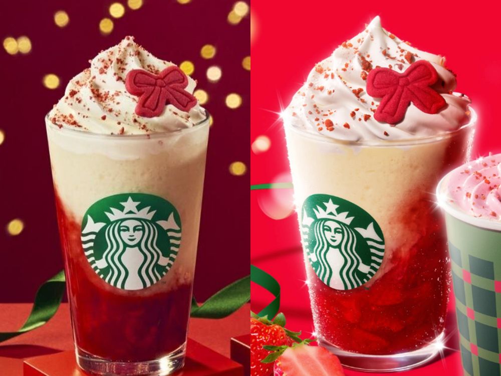日本星巴克2025聖誕節限定飲品來了！「草莓綜合茶星冰樂」蝴蝶結餅乾裝飾太夢幻、還有薑餅拿鐵要喝！-4