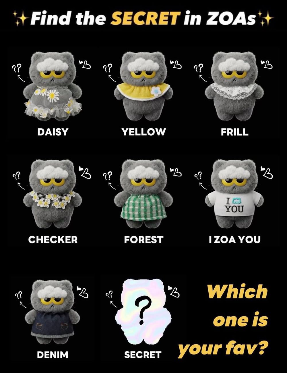 GD愛貓ZO&FRIENDS要出盲盒了？牛仔洋裝、小雛菊領巾8種造型萌炸天，網笑：根本ZOA變裝秀！-2