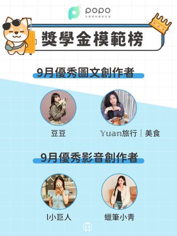 旅遊創作者｜9月獎學金模範榜單