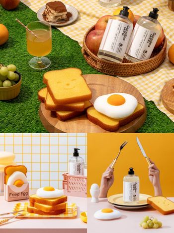 吐司清潔海綿太可愛！Goodies&co.洗潔劑+荷包蛋吐司海綿組，連洗碗都超療癒！