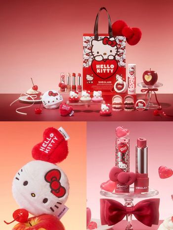 Hello Kitty風暴席捲美妝圈！SHEGLAM第二波凱蒂貓聯名全品項開箱，蝴蝶結夾心唇膏、無嘴貓粉撲、少女心噴發！
